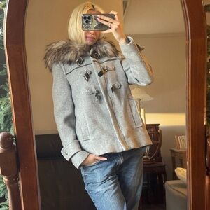 Zara Gray Women's Pea Coat with Fur Trim